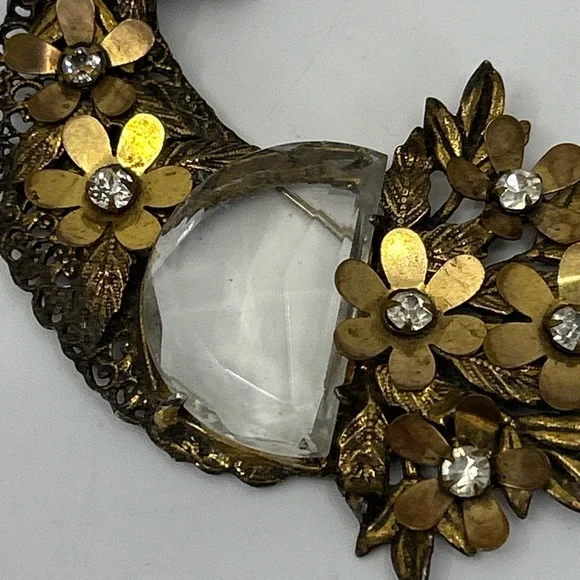 Antique Crystal Brass Faceted Glass Floral Huge Cornucopia Brooch Rare Statement